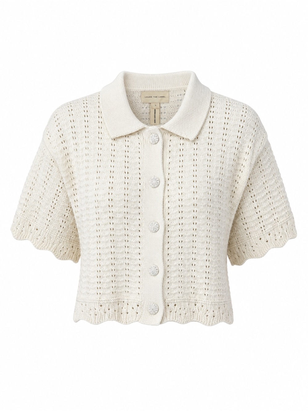 LAUDE the Label Roma Crochet Shirt Sweater Ecru Ivory Cotton Short Sleeve L